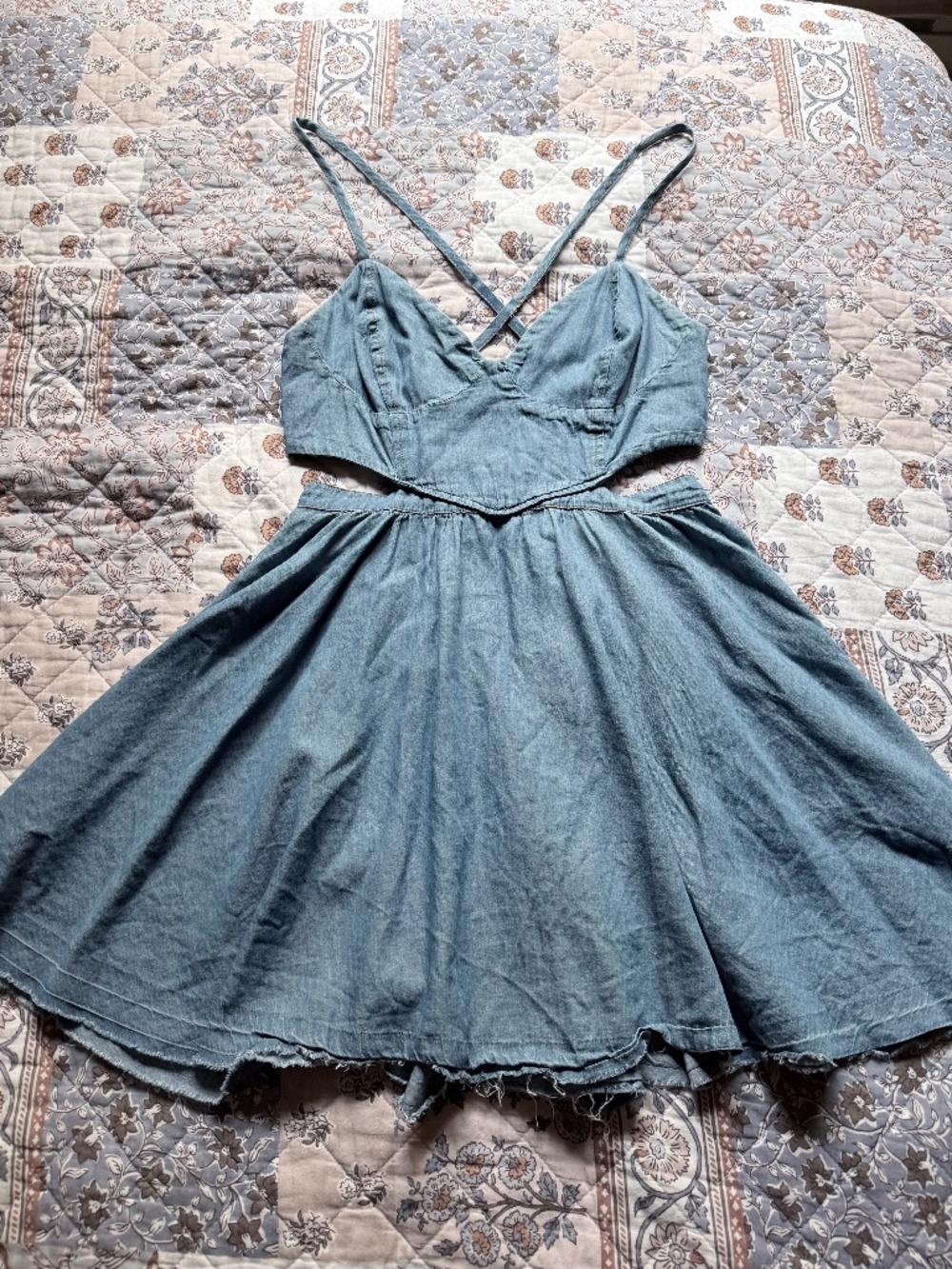 Vintage GUESS Denim Corset Dress Y2K Style Basque Waist Cutout Fit & Flare Mini